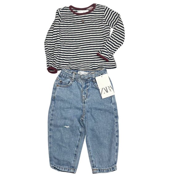 Zara 12-18 month Girls Pointelle Knit Long Sleeve Top + NWT Retro Jeans Bundle - Picture 1 of 10